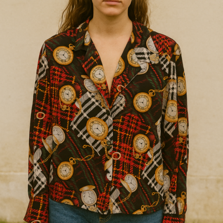 Jones New York Vintage İpek Gömlek – Cep Saati Desenli, Oversize, %100 Silk