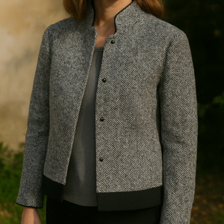 Vintage Siyah Beyaz Herringbone Desenli Ceket