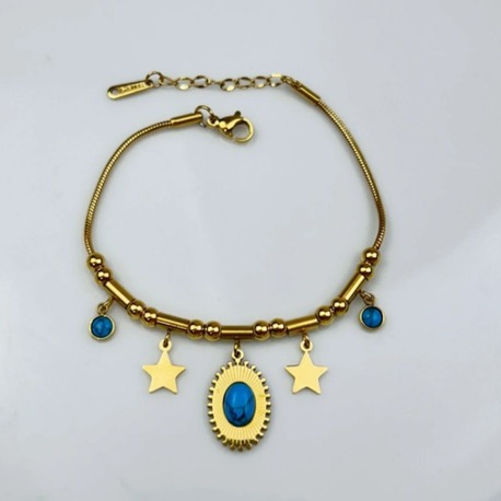 Mavi Charmlı 316L Gold Çelik Bileklik