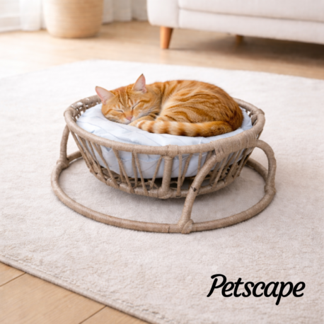 Petscape Yumuşak Minderli Hasır Kedi Köpek Yatağı Doğal Rattan Tasarım 