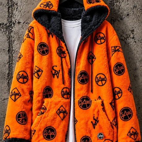 Çift Taraflı Peluş Oversize Mont – Turuncu / Siyah