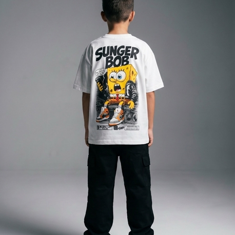 Çocuk Sunger Bob Grafik Baskılı Oversize Tişört – Turuncu Streetwear Model
