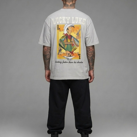 Lucky Luke Baskılı Oversize Gri Tişört – Vintage Western Style