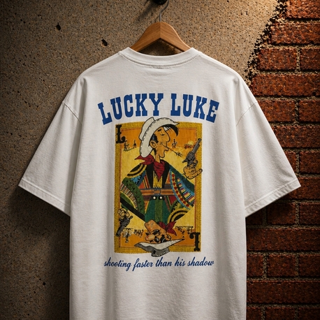 Lucky Luke Baskılı Oversize Beyaz Tişört – Vintage Western Style