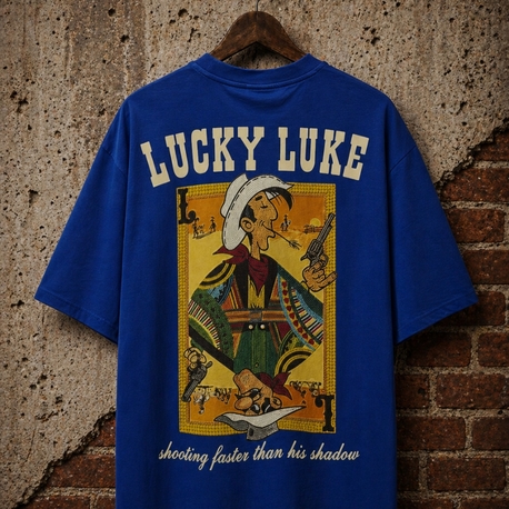 Lucky Luke Baskılı Oversize Mavi Tişört – Vintage Western Style