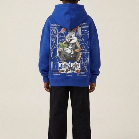Çocuk Mavi Bugs Bunny Oversize Kapüşonlu Sweatshirt – Sırt Baskılı
