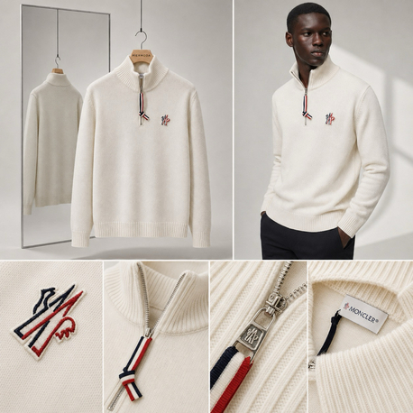 Moncler Kalın Örgülü Pamuk Yarım Fermuarlı Triko Kazak