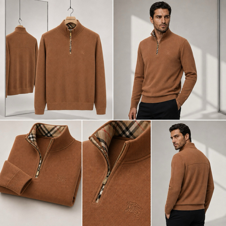 Burberry  Selanik  Örgülü Pamuk Yarım Fermuarlı Triko Kazak