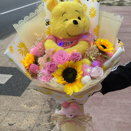 İsim baskılı winnie the pooh buketi özel tasarım led ışıklı 
