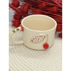  %100 El Boyaması 24 Ayar Altın Işlemeli Kırmızı Kiraz Kahve Fincanı, Mug, Kupa