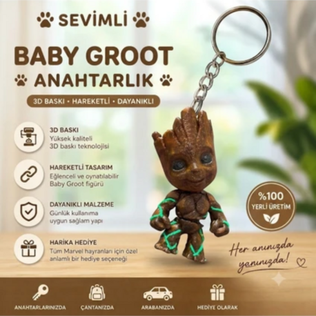 Hareketli Groot Figürlü Anahtarlık - Ağaç ve Sarmaşık Detaylı Çanta Süsü