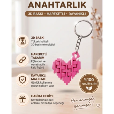 Hareketli Pixel Kalp Anahtarlık - Esnek Tasarım - Pixel Art Stres Oyuncağı - Pembe