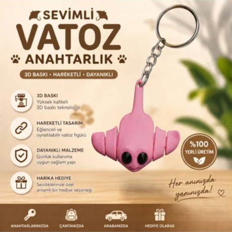 Hareketli Vatoz Figürlü Anahtarlık - Esnek Eklemli Tasarım - Stress Oyuncak - Pembe