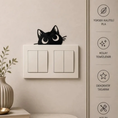 Kedi Dekoratif Duvar ve Priz Süsü - Siyah Minimalist Kedi Figürü - 6x4 cm