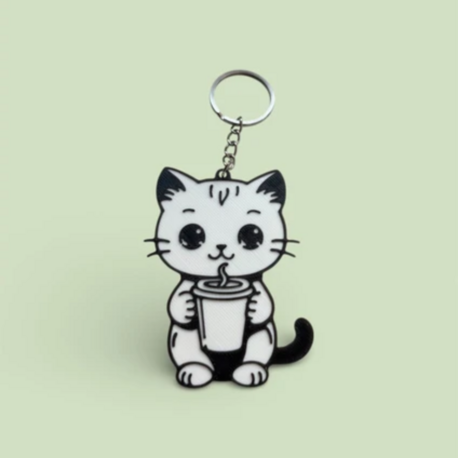 3D Baskı Kahve İçen Sevimli Kedi Anahtarlık – Kawaii Kedi Tasarımlı Dekoratif Anahtarlık