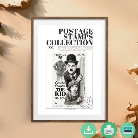Charlie Chaplin Stamp Poster – The Kid 100th Anniversary – Vintage Style Printable Wall Art
