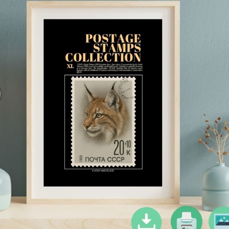 1988 USSR Eurasian Lynx Stamp Poster – Vintage Wildlife Postage Art – Digital Download