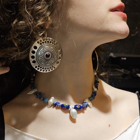 Karışık incili cam boncuklu Lapis lazuli taşlı kolye