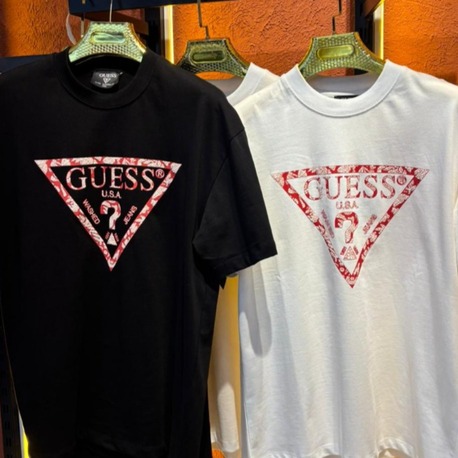Guess Baskılı Kalın Bisiklet Yaka Oversize Erkek Tişört - Siyah Beyaz