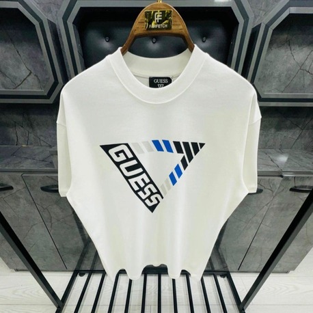 Guess Baskılı Kalın Bisiklet Yaka Oversize Erkek Tişört - Beyaz