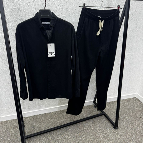 Zara Model Keten Gömlek & Pantolon Erkek Takım - Siyah