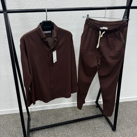 Zara Model Keten Gömlek & Pantolon Erkek Takım - Toprak