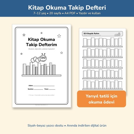 Çocuk Kitap Okuma Takip Defteri 7-12 Yaş | Yarıyıl Tatili Okuma Ödevi PDF
