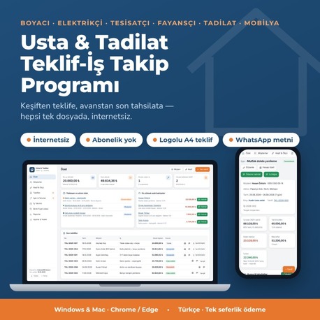 Usta & Tadilat Teklif-İş Takip Programı | Keşif, m² Hesabı, KDV, Tahsilat, Kâr