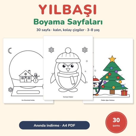 Yılbaşı Boyama Sayfaları – 30 Sayfa (3–8 Yaş) PDF