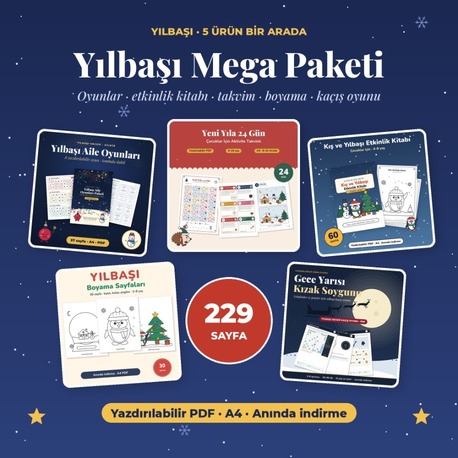 Yılbaşı Mega Paketi – 5 ürün bir arada, 229 sayfa oyun ve etkinlik PDF