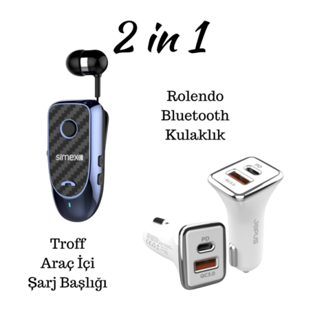 Simex Rolendo Bluetooth Kulaklik & Jopus Troff Usb / Pd Araç Şarj Başlığı 20w 2 li Set