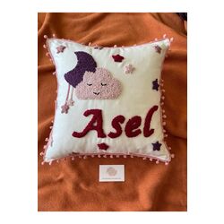 İsimli Bebek Takı Yastığı Dekoratif Yastık Kılıfı Punch Nakışlı İçi Dolgusuz-40x40