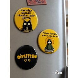 3’lü Diyet Temalı Kedi Buzdolabı Magnet Seti 58 mm Motivasyon Yazılı Dekoratif Magnet
