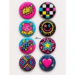 8 li Set-11 Neon Pop Art Rozet Seti Renkli Skate Kawaii Y2K Desenli Broş Pin