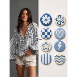 8 li Set-7 Mavi Beyaz Rozet Seti Çiçek Kalp Yıldız Dama Dalga Desenli Broş Pin