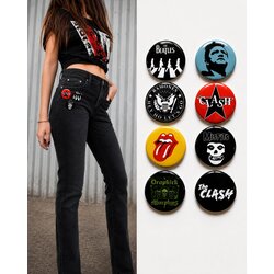 8 li Set-12 | Rock Müzik Temalı Rozet Seti Siyah Kırmızı Sarı Retro Punk Broş Pin