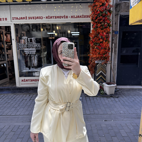 Kemerli Sarı Blazer Takım 