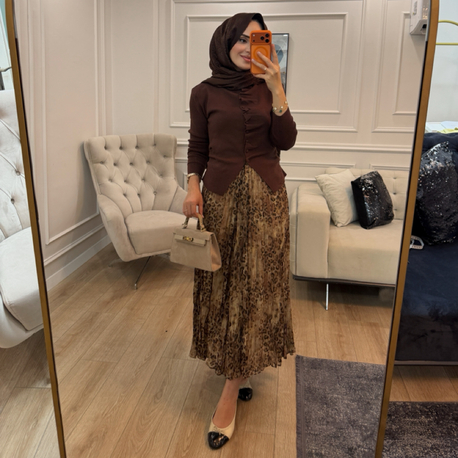 Premium Leopar Desenli Şifon Etek