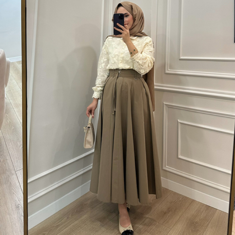 Çift Kemerli Volanlı Poplin Etek 