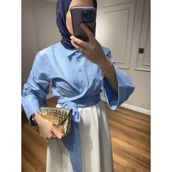 Mavi Önden Bağlamalı Crop Gömlek