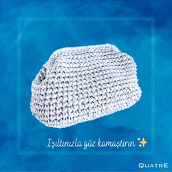 Parlak metalik gri örgü el çantası