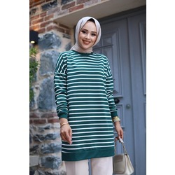 Kadın Tesettür Bisiklet Yaka İki Iplik Penye Terletmeyen Kumaş Basic Çizgili Tunik
