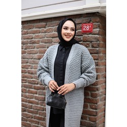 Kadın Gri Petek Örgü Detaylı Uzun Triko Hırka