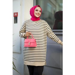 Kadın Tesettür Bisiklet Yaka İki Iplik Penye Terletmeyen Kumaş Basic Çizgili Tunik