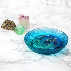 Ay ve yıldız kabartmalı Selenite kase (turkuaz)