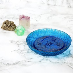 Ay ve yıldız kabartmalı Selenite kase (gece mavisi)