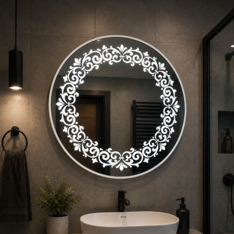 Beyaz PVC Çerçeveli Kumlama Desenli Premium LED Dokunmatik Ayna