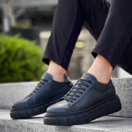 RLX099 Erkek Bağcıklı Yüksek Taban Cilt Sneaker Ayakkabı ST Siyah Cilt