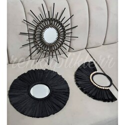 3lü Siyah Rafya&Bambu Ayna Set
