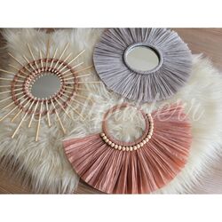 3’lü Gri&Pembe rafya ayna set